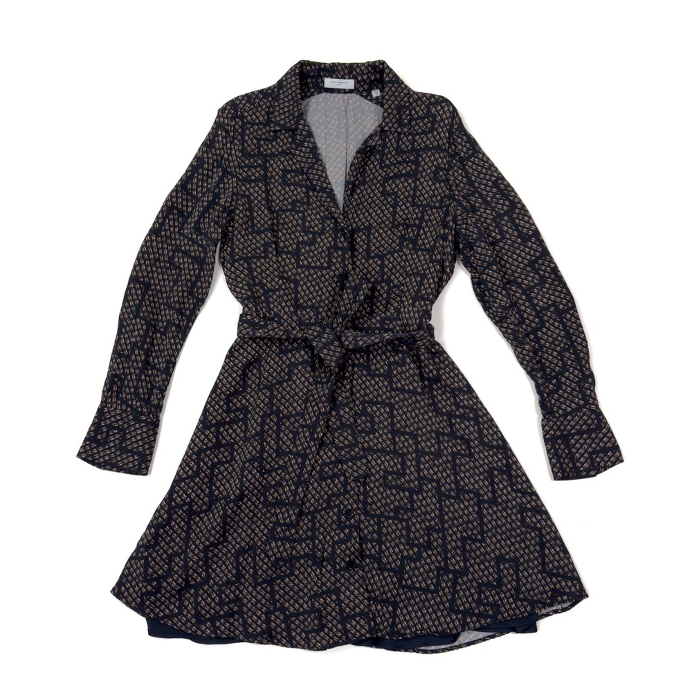 Equipment Yarrowe Navy Printed Mini Long Sleeve V-Neck Shirt Dress Size 10